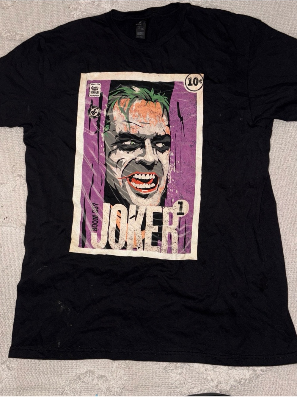 Batman Black Tee with Purple Joker Comic Panel